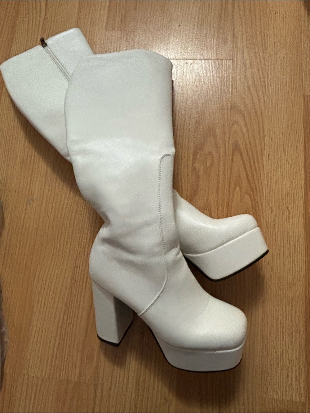 White Platform Knee-High Boots 3.5 Inch Heel Faux Leather Zipper Size 6/6.5
